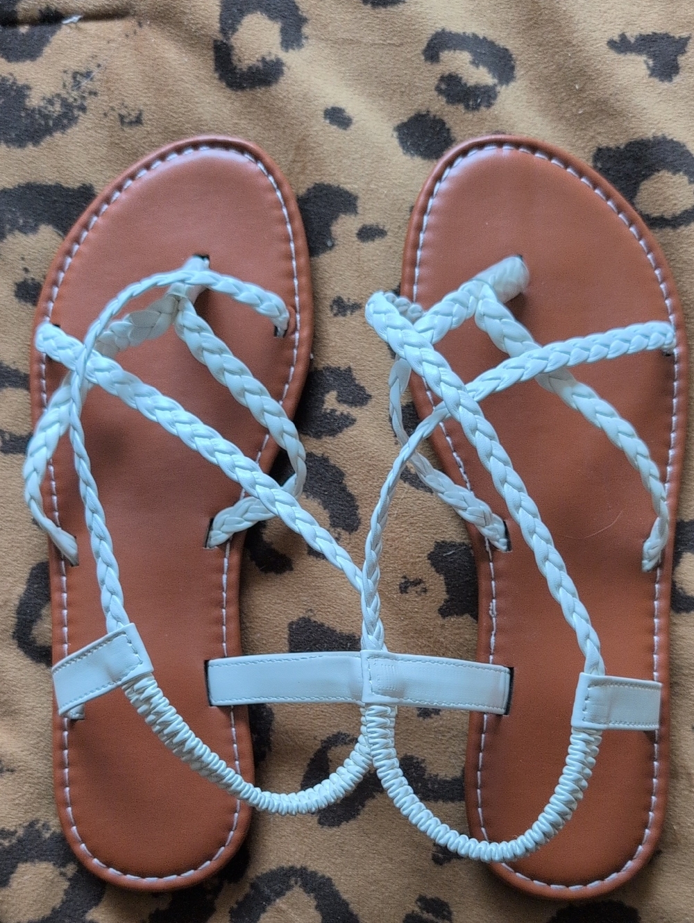 Braided White Women's Sandals with Tan Footbed